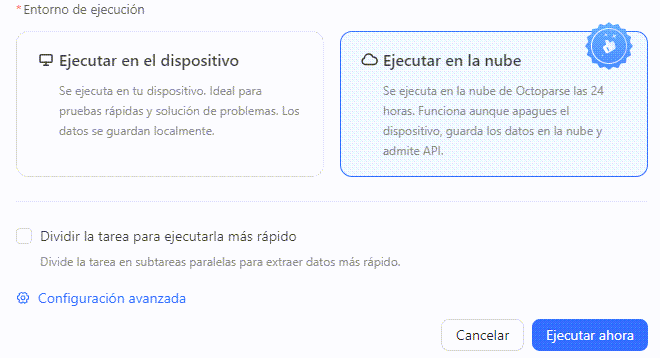 Elección entre ejecución local y extracción en la nube para una ejecución puntual