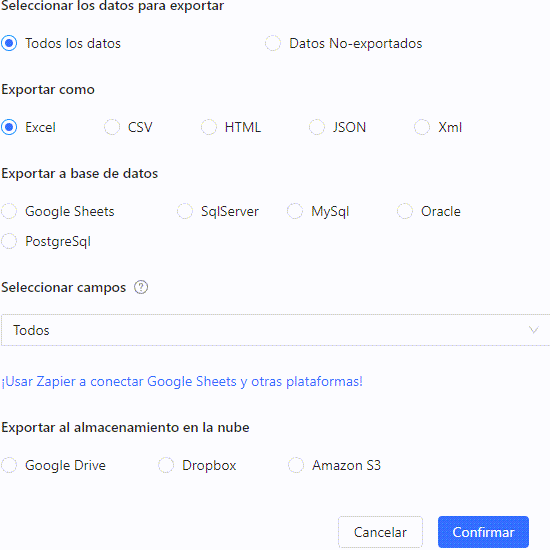 La pantalla de exportación de datos de Octoparse con opciones de Excel, CSV, bases de datos y almacenamiento en la nube