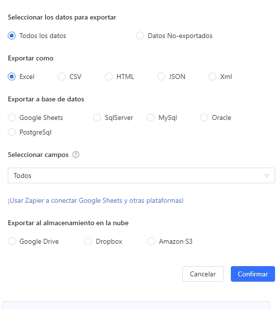 Configuración de un destino de almacenamiento en la nube y del formato de exportación