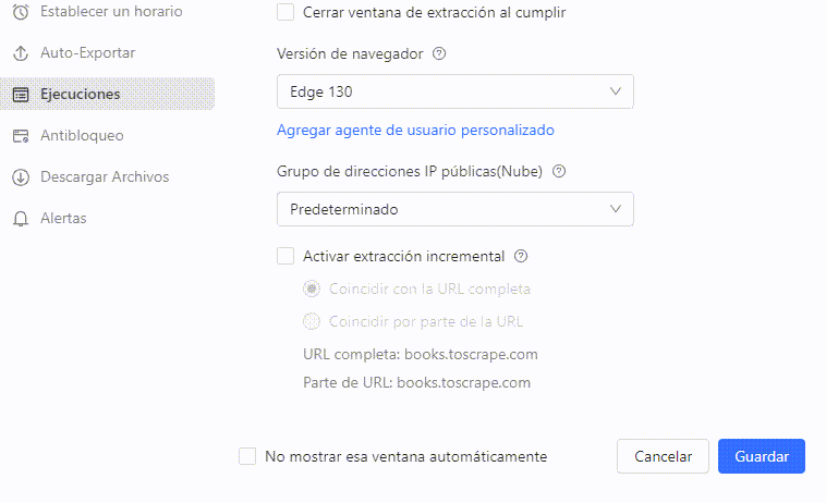La pantalla de ajustes de ejecución de una tarea personalizada con navegador integrado, grupos de nodos en la nube y extracción incremental